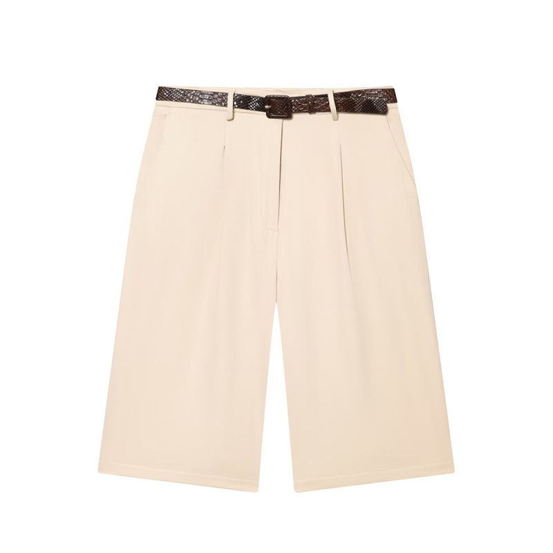 Foreign Trade New Summer Women's Clothing Pleated Design Zipper High-Waisted Long Casual Shorts with Belt Foreign Trade New Summer Women's Clothing Pleated Design Zipper High-Waisted Long Casual Shorts with Belt