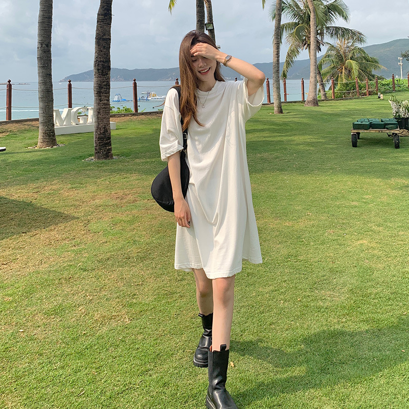 Cotton Shoulder Back Bag Collar dress Women's 2025 Summer New Korean-style Loose Mid-length Short-sleeved T-shirt Women's Skirt