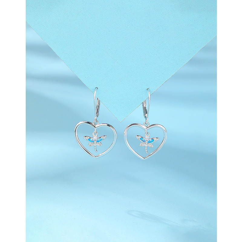925 plata esterlina libélula aretes en forma de corazón para mujeres joyas transfronterizas japonesas y coreanas nicho de alto nivel Zircon amor pendientes