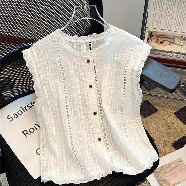 High-End Hollow-Out Cotton and Linen White Shirt for Women, Summer 2026 New Stylish and Youthful French-Style Sleeveless Top High-End Hollow-Out Cotton and Linen White Shirt for Women, Summer 2026 New Stylish and Youthful French-Style Sleeveless Top