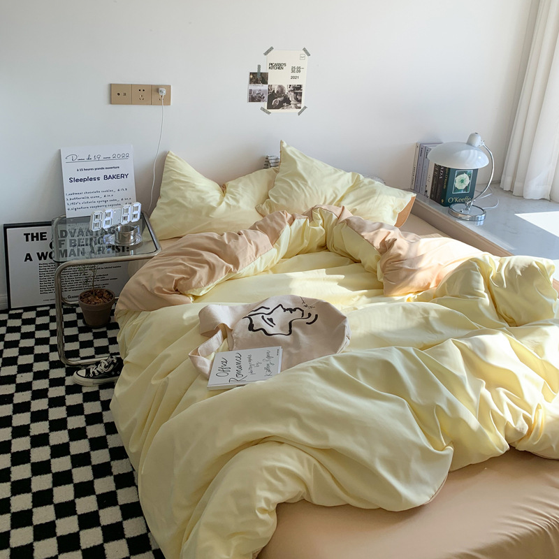 Youyixin ropa de cama de algodón lavado de cuatro piezas, funda de edredón, funda de cama, kit de sábana, dormitorio de estudiantes de tres piezas al por mayor