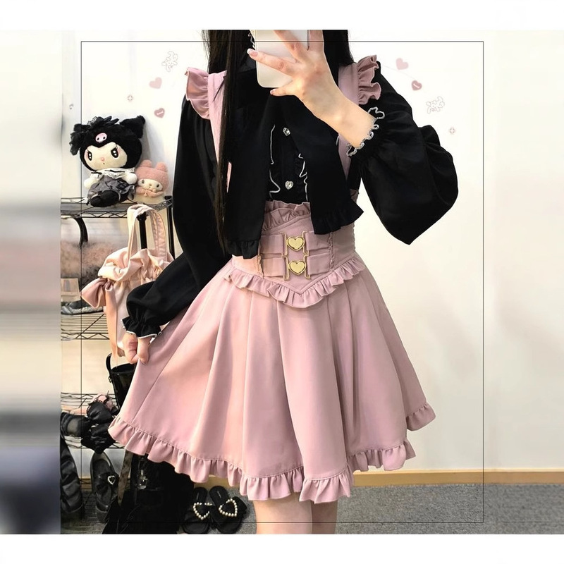 American Sweet Lace Double-Layer Hollow Long-Sleeved Shirt Top Women's Autumn and Winter Skirt Two-Piece Suit