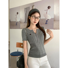 韩系花灰麻花正肩短袖T恤女夏季新款辣妹修身显瘦刺绣针织衫上衣