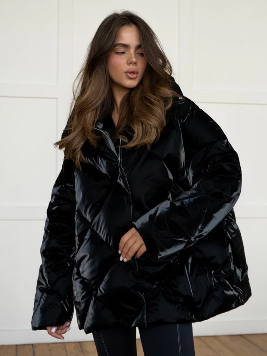 Chaqueta de algodón rombo transfronteriza Europa y América 2025 otoño e invierno nuevo estilo chaqueta suelta chaqueta de algodón de solapa brillante mate chaqueta casual