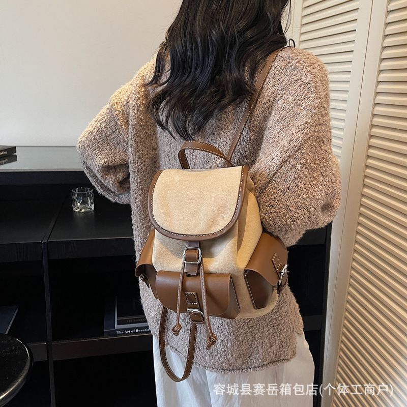 复古跨境多口袋双肩背2025新款秋冬大容量翻皮绒时尚百搭女士双肩|undefined