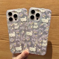 Purple small floral cat pattern iPhone 15 Pro Max phone case Apple 14 double-layer 11 feather fabric 12 female 13