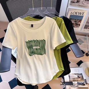 1.00 kg-150.00 kg plus size Summer Explosions Fashion Design Sense Loose Slim Casual T-shirt Women's Shoulder Short-sleeved Top Trendy