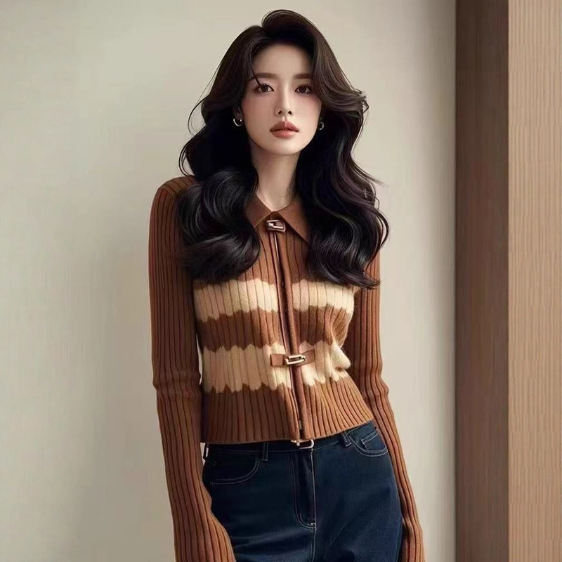 Brother's Mall Same Style Women's Clothing 2025 Autumn New Design High-End Retro Brown Contrast Color Knitted Cardigan