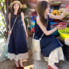 孕妇连衣裙夏季2025新款高级无袖拼接蕾丝边显瘦外穿蓝色背心裙子