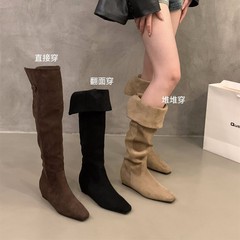 内增高方头绒面瘦瘦长筒骑士靴女鞋2025秋冬小个子过膝堆堆长靴子