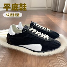 时尚拼色德训鞋女平底系带真皮+布2025春新款复古情侣运动休闲鞋