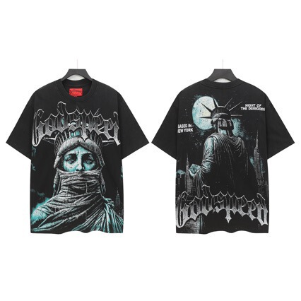 American-style GOD loose-fit round-neck T-shirt with skull and Statue of Liberty print, washed and distressed, short-sleeved, unisex American-style GOD loose-fit round-neck T-shirt with skull and Statue of Liberty print, washed and distressed, short-sleeved, unisex