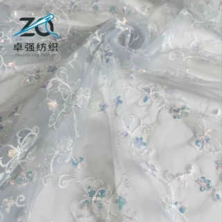 新款柔软轻薄网纱裙面料 星星花群多色lo裙珠片刺绣蕾丝布料