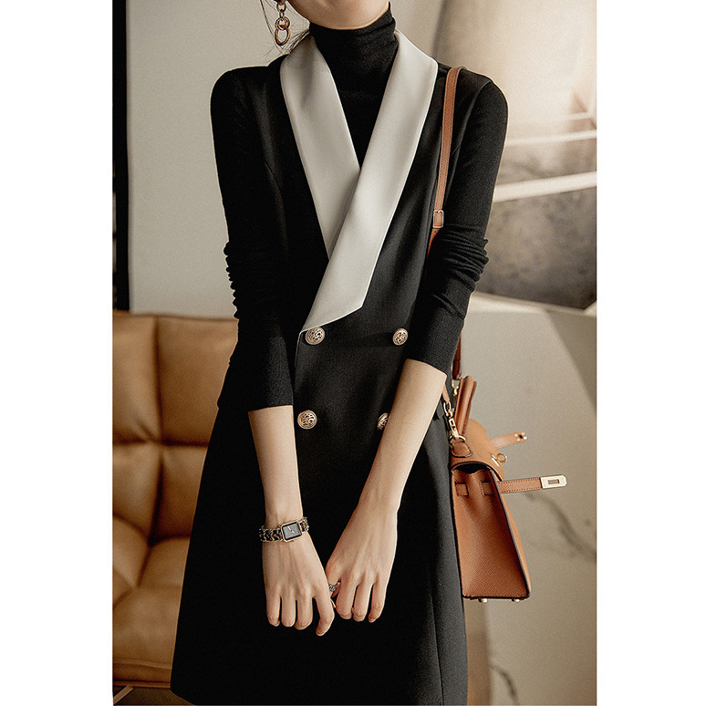 青果领高级西装马甲羊毛连衣裙2025春秋女装新款裙子黑色高端