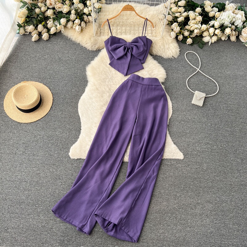 夏服の純色ファッションスーツの女性の蝶結びの胸のストラップの上着のオープンフォークの広い足のカジュアルなズボンの2つのセットのファッション|undefined