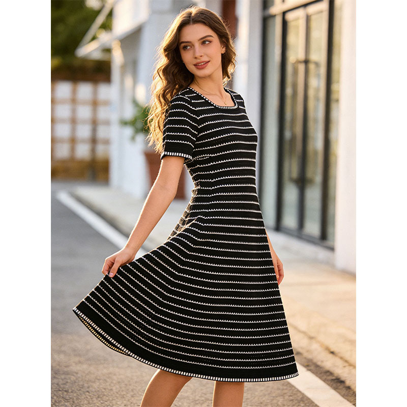Cross-Border Spring and Summer Casual Dress, Short-Sleeved Striped Ice Silk Knitted Dress, Elegant Mid-Length Dress for Women