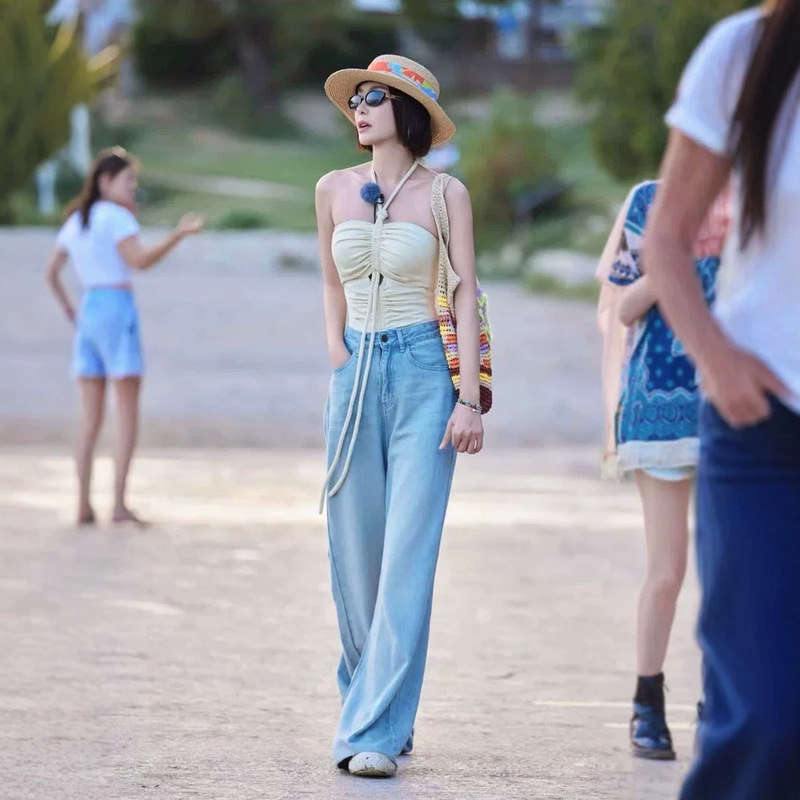 Qin Lan Style Blue Ice Silk Denim Wide-Leg Pants for Women, Summer Thin High-Waisted Loose Tencel Hemp Straight Pants