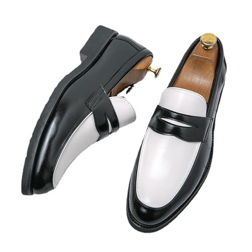 Cross-border large size  spring black and white plaid leather shoes for men, slip-on Loafers, Korean style fashionable business shoes