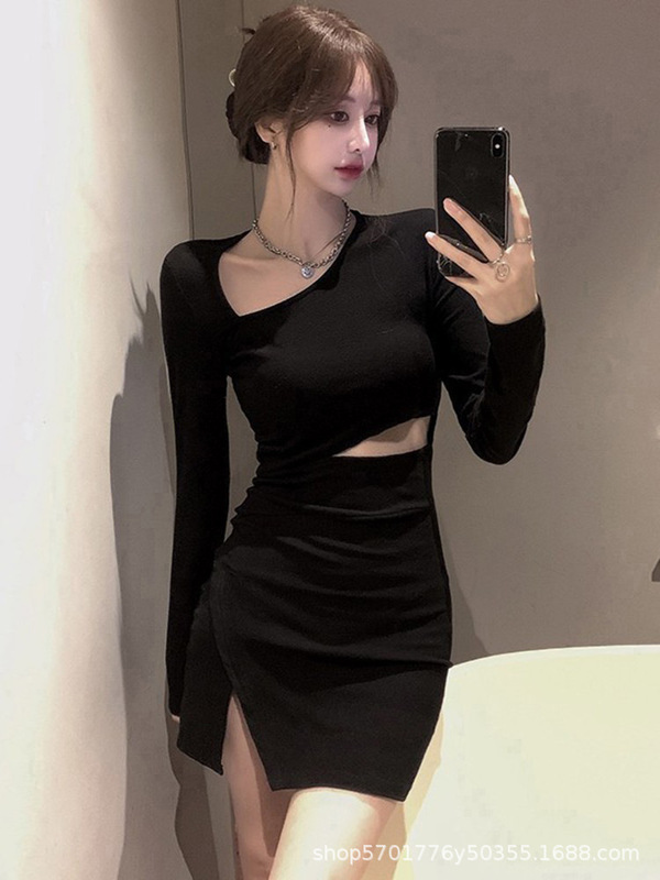 Autumn 2022 New Short Skirt Black Hip-Hugging Skirt Design Discreet Sexy Long-Sleeved Dress Women's Clothing