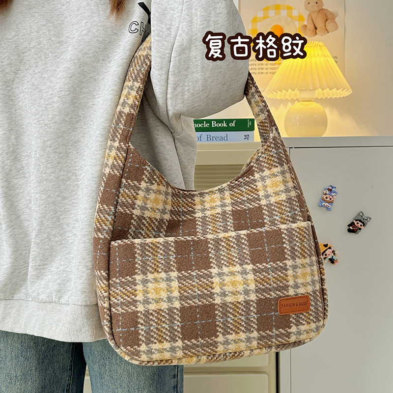大容量バッグ レディース クロスボーダー 韓国風 チェック柄 レトロ 脇下 学生 ショルダーバッグ 通勤 トートバッグ 通勤 多用途|undefined