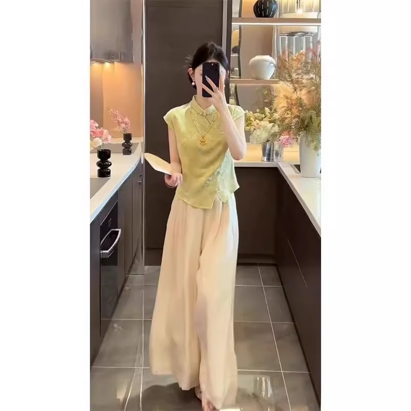 新しい中国風スーツ、女性用レトロ中国風半袖トップス、夏痩身、ハイウエスト、ユニークで美しいパンツ、ツーピーストレンドセット|undefined