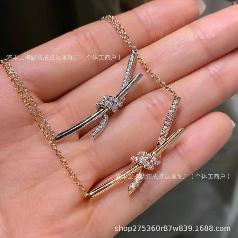 高版本蒂家半钻绳结项链女镀18K金一字扭绳结带钻锁骨链厂家代发|undefined