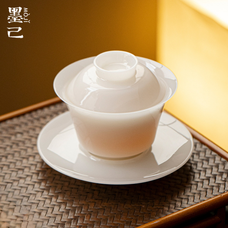 墨己璞玉茶具冰种羊脂玉瓷三才盖碗高档敬茶碗功夫茶具家用泡茶碗|undefined