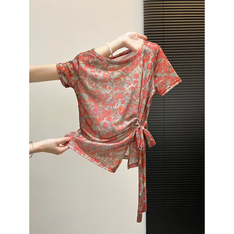 Fashionable Double-Layer Mesh Floral Short-Sleeve Thin T-Shirt for Women, New Summer Style with Tie-Waist Design and Slim Fit Top