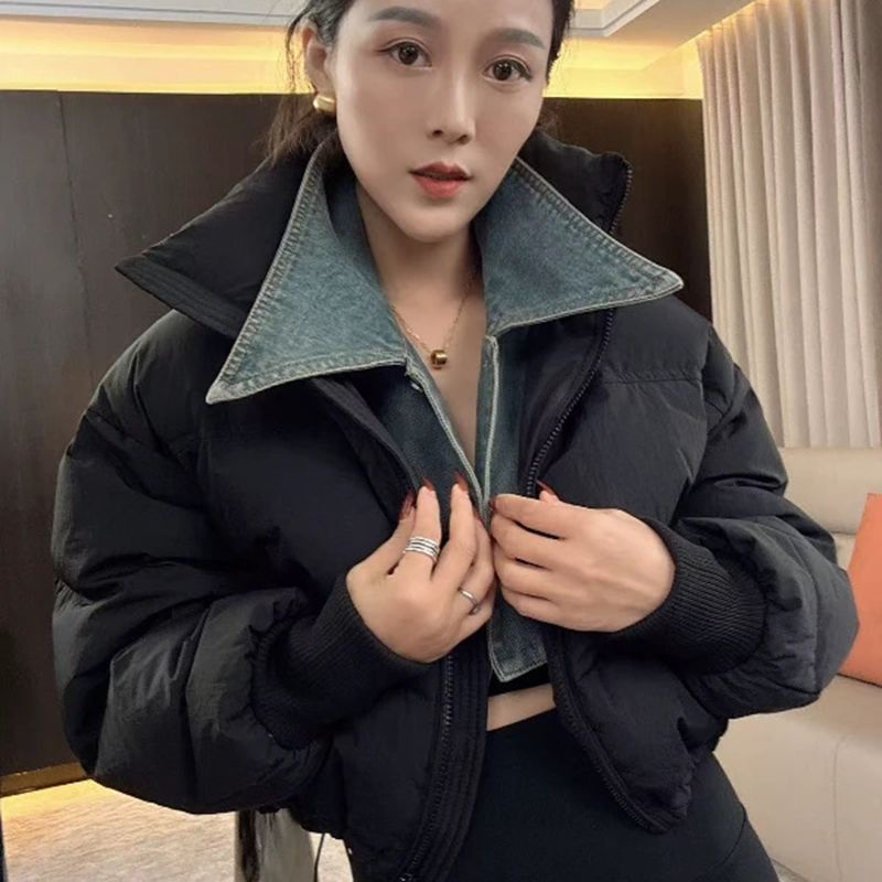 2024冬季新款假两件脱卸牛仔领羽绒棉服女高级感时尚宽松棉衣外套