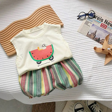 儿童夏季背心套装男童卡通西瓜无袖上衣宝宝条纹七分裤潮0090A005