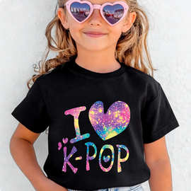 I LOVE K-POP 纯棉童装 女童韩系圆领上衣短袖跨境代发 60409-38