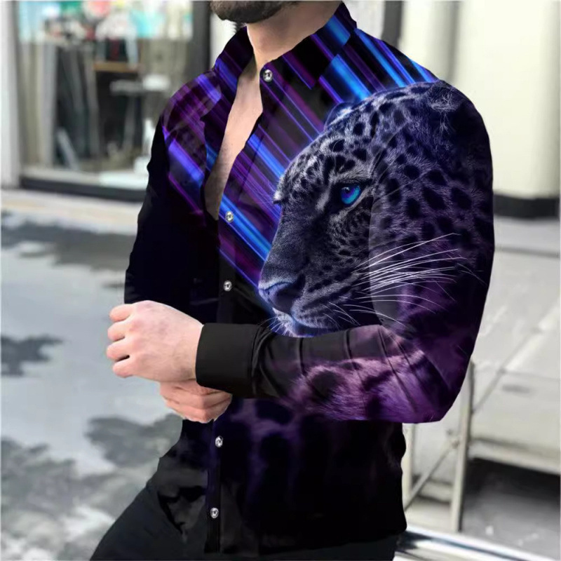 Cross-Border Foreign Trade Specializes in Spring & Fall European and American Men's Cardigans, Men's Animal Print Casual Shirts, Cardigans, Long-Sleeved Shirts