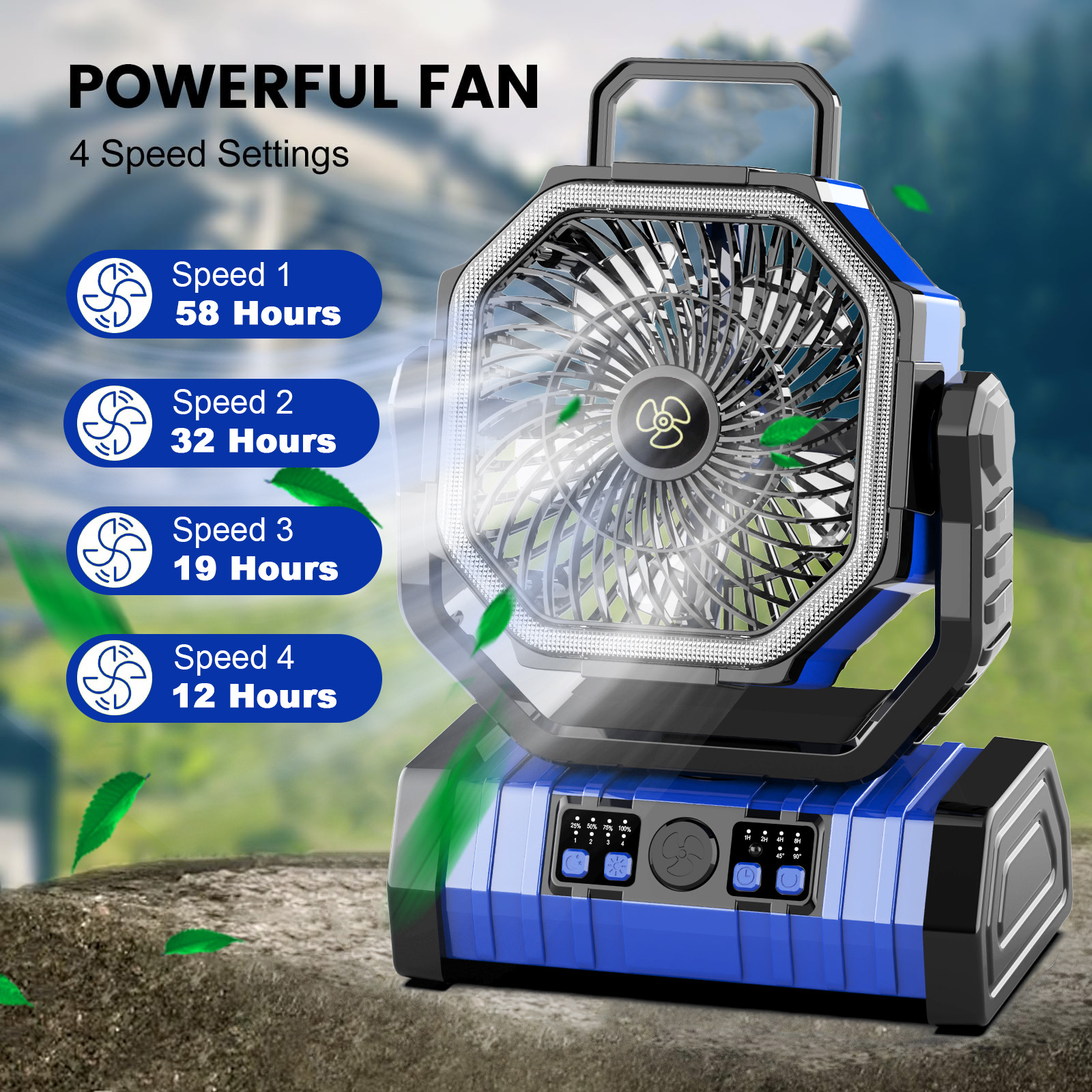 Ventilador Portátil con Gancho para Camping 20000mAh con Luz LED, Oscilación y 4 Velocidades