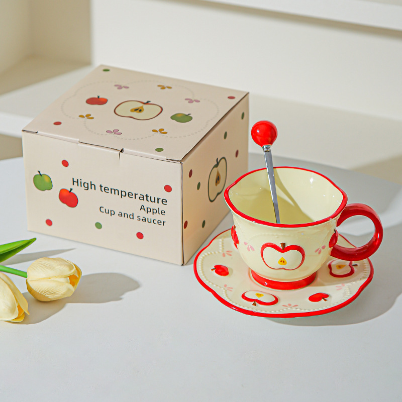 Tazas de café de cerámica de manzana, plato, taza de marca, diseño de relieve pintado a mano original, taza de agua, taza de leche de desayuno