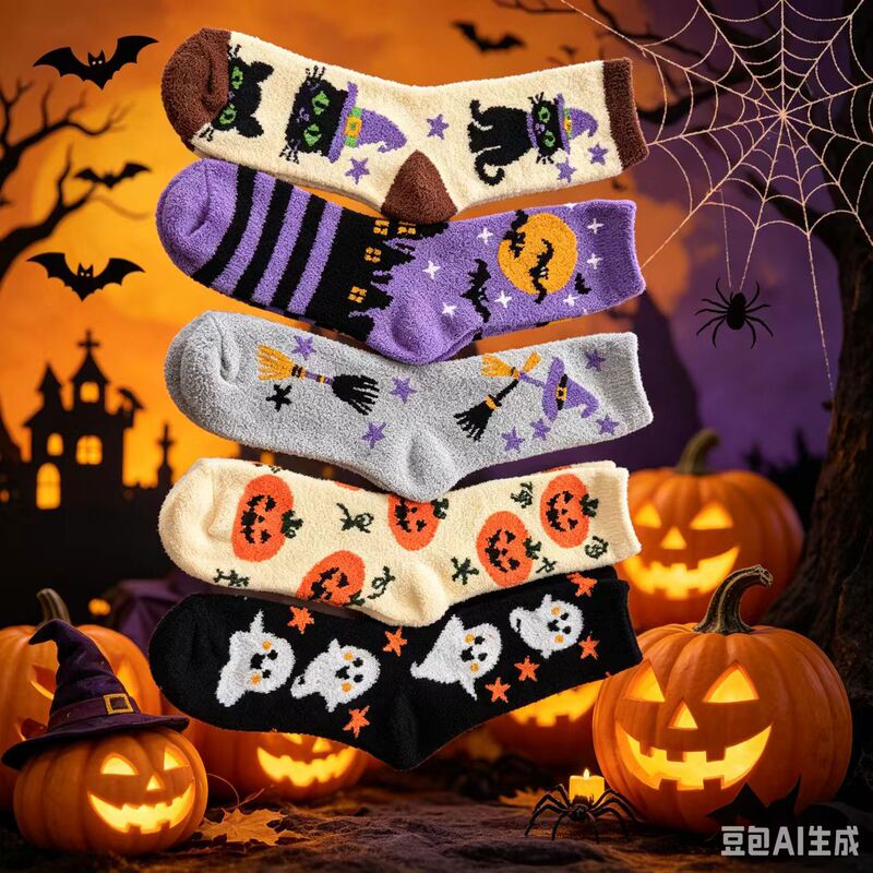 Cross-border supply of Halloween double-sided fleece sleep socks, half-fleece home socks with pumpkin, bat, and ghost motifs, plush