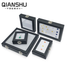 黑漆皮玻璃盒带锁扣透明彩宝盒黑漆布天窗盒彩宝石裸石戒面展示箱