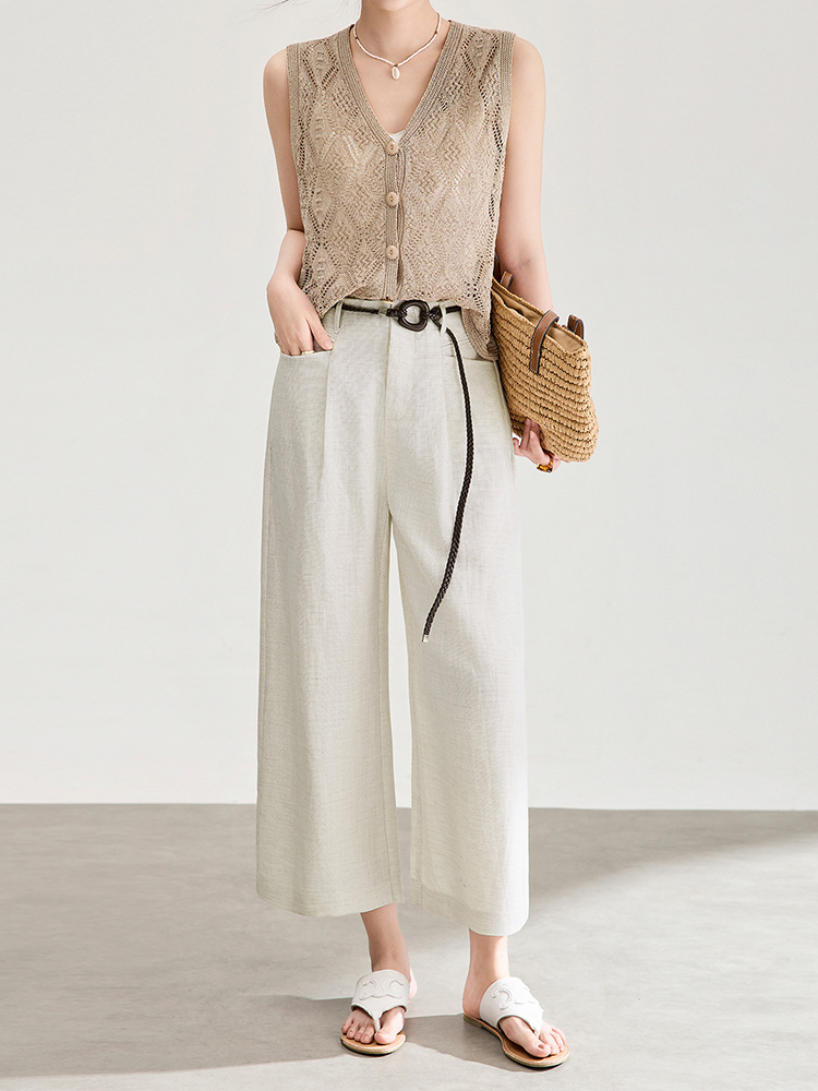 Quần culottes nữ ống rộng chất liệu linen phối sợi tencel, cạp cao dáng suông, mặc mùa hè thoáng mát — Xanh lông mòng đen