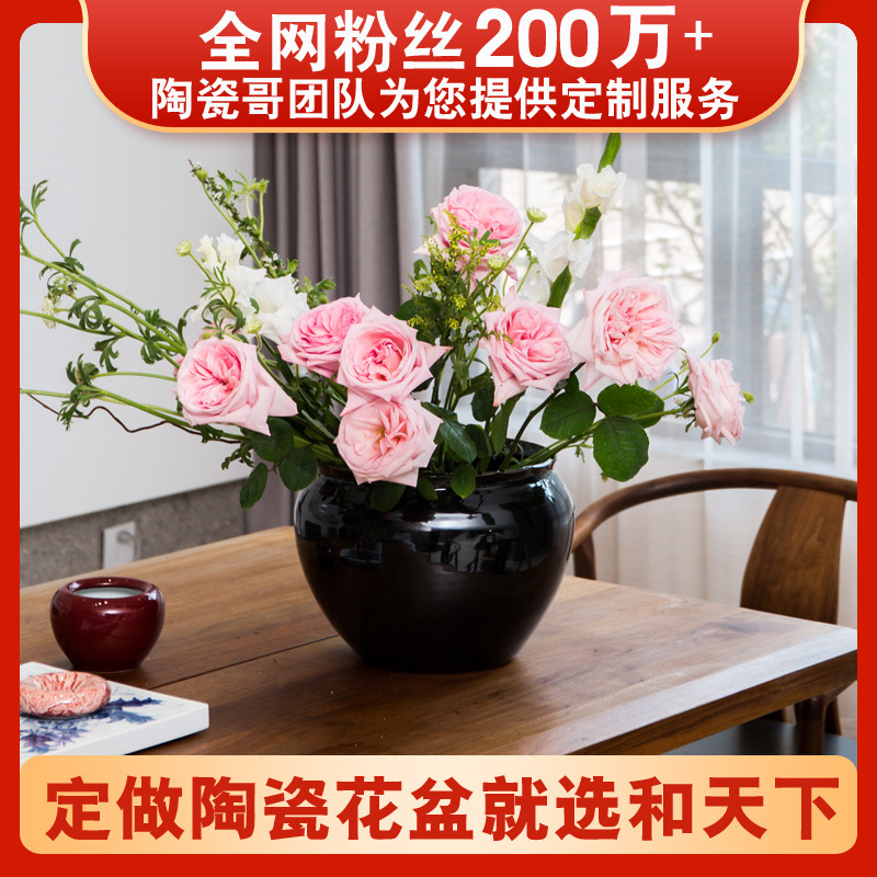 Jingdezhen Handmade Black Glossy Ceramic Flower Pots with Lotus Leaf Edges, Custom-Made for Indoor and Outdoor Green Plants, Custom-Made According to Drawings