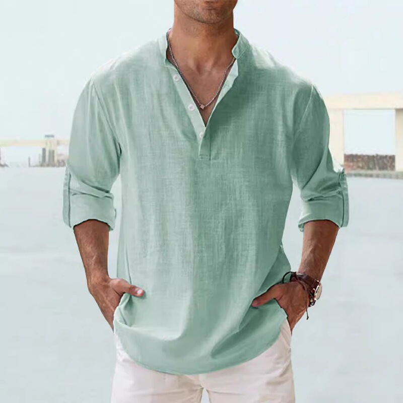2026 Cross-Border Temu Hot-Selling Pure Cotton Stand-Up Collar T-Shirt, Casual Loose Sweatshirt, Solid Color Men's Long-Sleeve Shirt