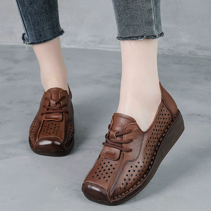 Все кожаные туфли на пятке на каблуке Летние новые кексы с толстой подошной римские сандалии женские говяжьи сухожилия с мягкой подошвы ретро обувь мама