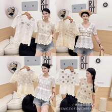 波西米亚风钩花镂空蕾丝衬衫女短袖夏季新款外穿短款减龄上衣