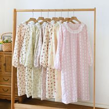 女士纯棉绉纱长袖花边圆领睡裙春秋季公主风泡泡纱睡衣外穿家居裙