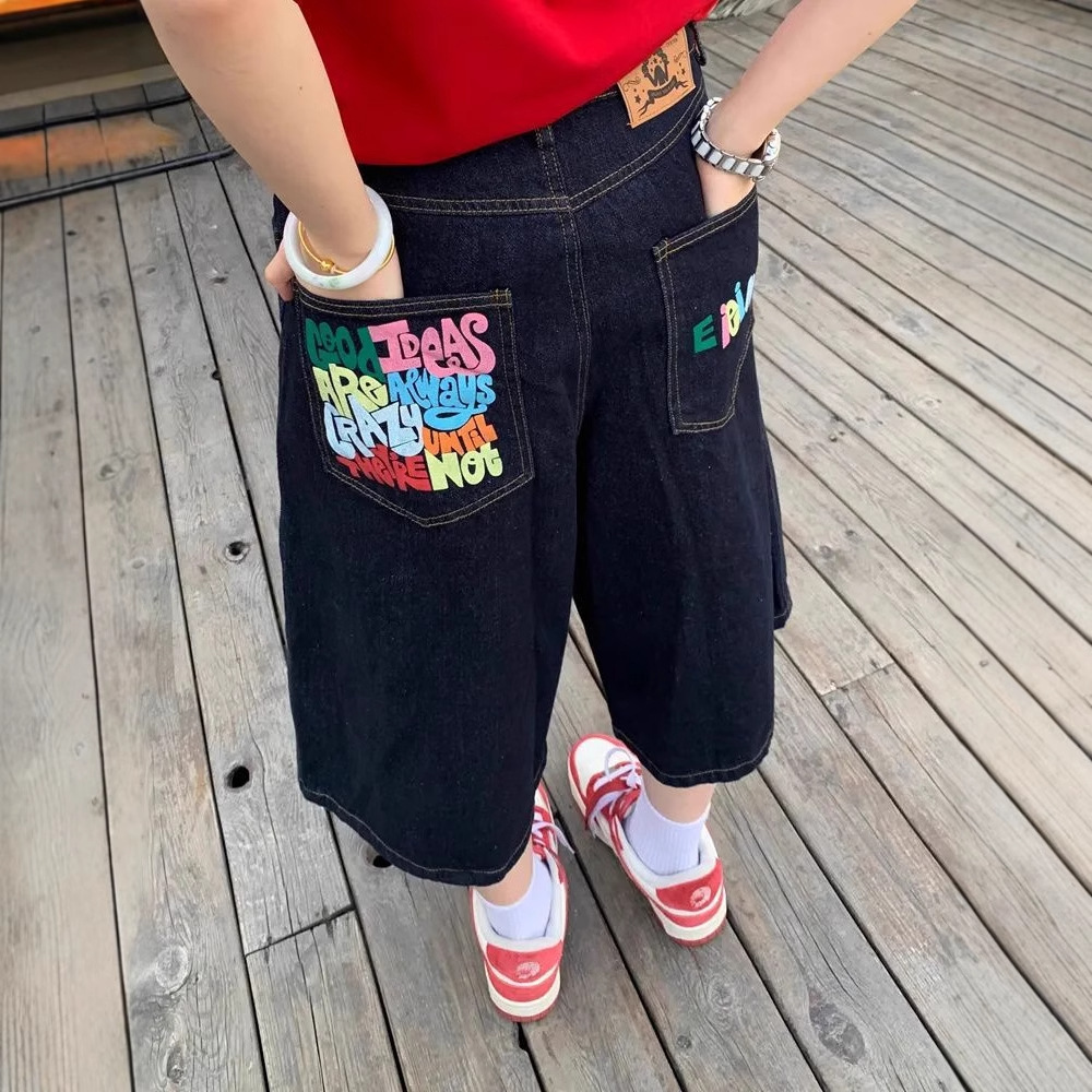 Pantalones cortos de mezclilla con estampado de letras retro americano