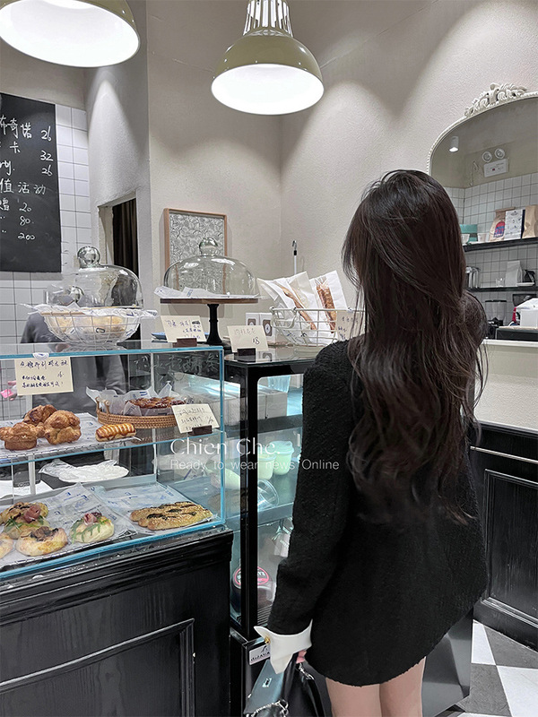 车迟恩Chien 车氏千金别致黑色羊毛上衣秋冬感小香风厚外套女|undefined