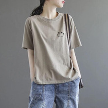 纯色笑脸图案短袖t恤女装夏季2025年新款宽松百搭上衣体桖胖mm潮