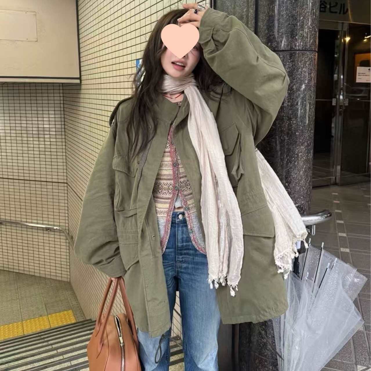 韩系秋冬扣款多口袋设计感绿色工装风衣女时尚立体感外套上衣均码