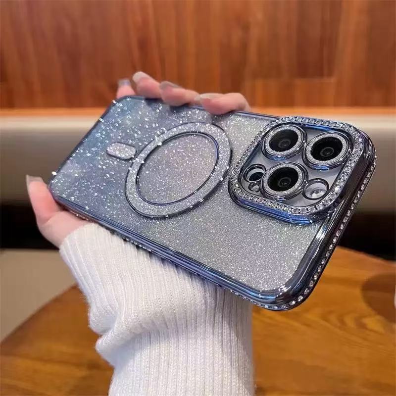 Lujo ligero diamante borde polvo flash absorción magnética para iPhone17PROMAX caso de teléfono móvil de alto nivel sensación de manzana 16 caso