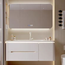 奶油风浴室柜陶瓷一体盆卫生间洗手台洗脸盆柜组合实木橡木洗漱台