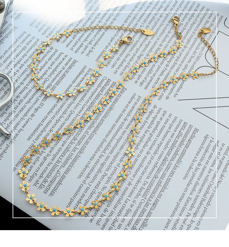 INS European and American Personalized Gold Blue with Flowers Drop Oil Necklace Titanium Steel Plate