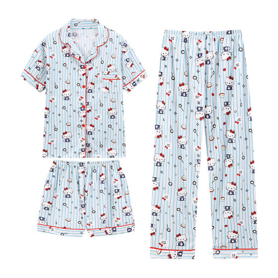 Internet Celebre Cute Cartoon Cuisine Hello Kitty Spring and Summer Pajamas Women's Short-sleeved Three-piece Home Clothes Real Shot Wholesale